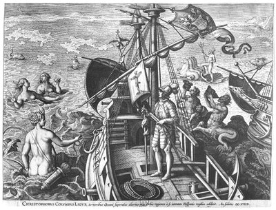 Christoffel Columbus (1451-1506) aan boord van zijn karveel, ontdekt Amerika door Jan van der Straet